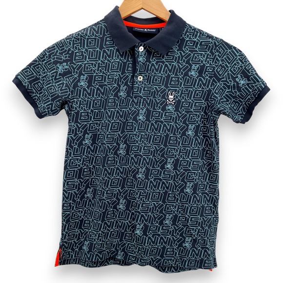 Psycho Bunny Other - Psycho Bunny Boys All Over Logo Print Polo Shirt Navy Blue Size 14-16 Large